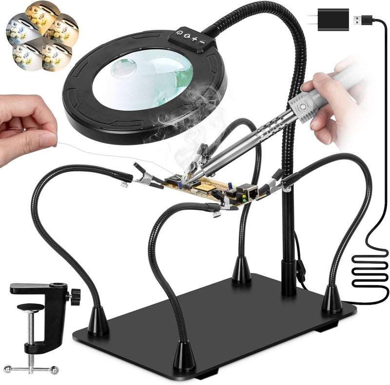 KUVRS 30X/12X Bifocals Magnifying Glass with Light and Stand, 14.2'' Magnetic Soldering Helping Hands, 5 Color Stepless Dimmable, Large Base & Clamp LED Magnifier for Repair Craft Hobby Model Painting - Image 1